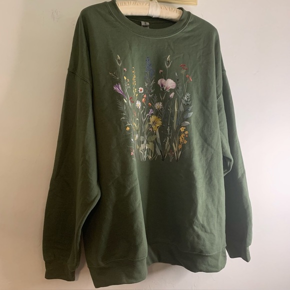 Gildan XL Olive Green Wildflower Graphic Sweatshirt Crew Neck Pullover - Picture 4 of 9